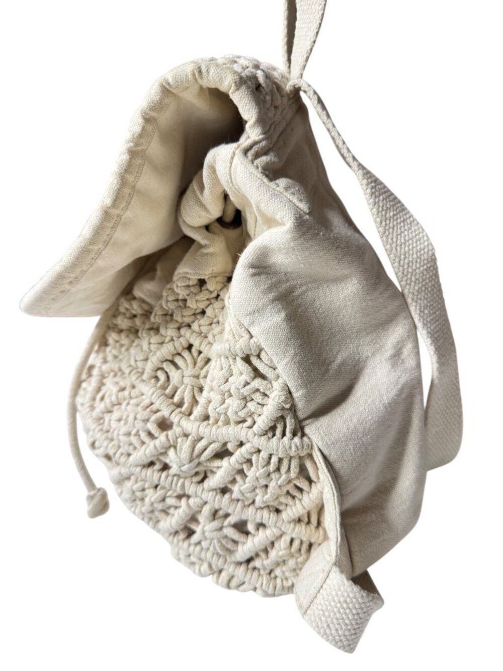 Handmade Macrame Backpack W/Adjustable Straps Canvas Back & Drawstring Closure - Picture 2 of 11